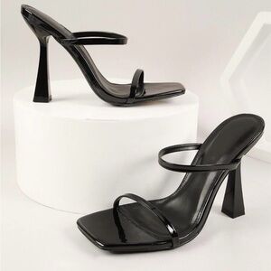 SHEIN Black Patent Double-Strap Square-Toe Heeled Sandals